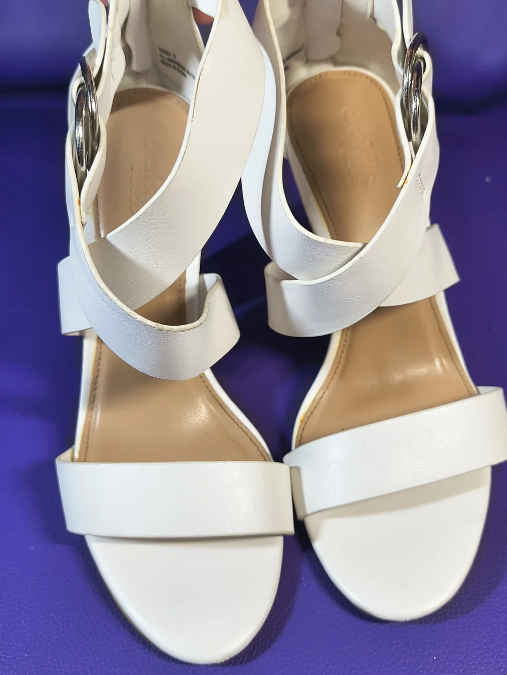 Charlotte Russe CARDI Retro Sandal Size 8 White Strappy Block Heel Buckle.